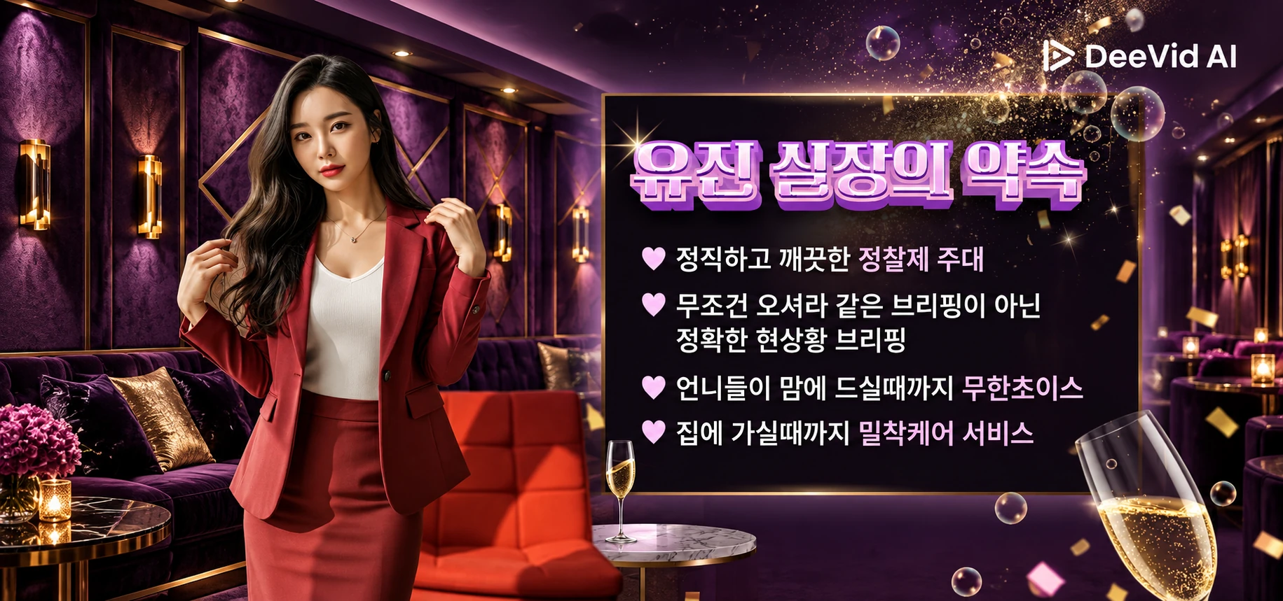 보라빛 라운지와 샴페인 분위기를 담은 이용 안내 이미지